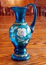 Fenton 1999 New Century Collection, Turquoise Hand Painted Pitcher, 9.5", Signed By Brenda Pezzoui