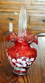 Fenton Glass Legacy Collection Cranberry Hand Painted Basket, 11", Signed D. Barbour