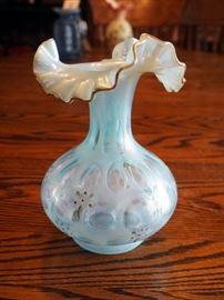 Fenton 1991 Bubble Optic Light Blue Vase, 8", Hand Painted And Signed S. Bryan