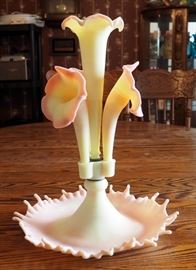 Fenton Burmese Beauty Epergne, With 3 Horn Jack In The Pulpit Vases, 16"