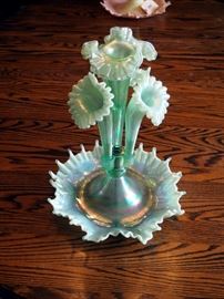 Fenton Willow Green Opalescent Epergne With Lily Pad Base, Crimped And Ruffled Trumpet Vases, 16"
