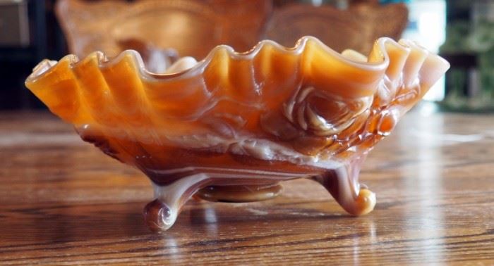 Imperial, End Of Day Glass/Slag, Caramel With Roses Footed Candy Dish, 8"