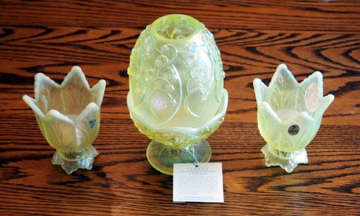 Fenton Opaline, Lilly Of The Valley, Fairy Lamp, 7", With Matching Tea Light Holders, 4.5", Total Number Of Pieces 4