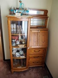 Wood Secretary With Leaded Stained Glass Back And Beveled Mirror, 3 Glass Shelves, 67" x 40" x 18"