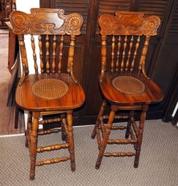 Bar Stools, Carved Spindle Back, Cane Seat, Qty. 2, 45"
