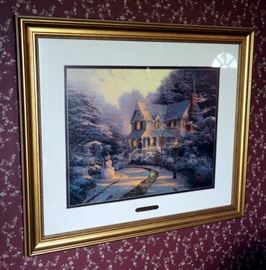 Framed Thomas Kinkade Prints, "The Night Before Christmas" 7575/28000, 23" x 28" And "Cottage" 2302/5350, 25" x 29"