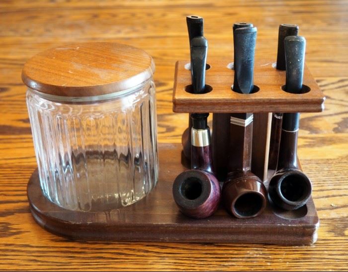 Vintage Walnut Pipe Stand With Air Tight Tobacco Jar And 6 Vintage Pipes