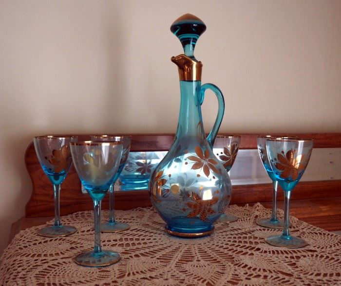 Blue Glass Gold Foil 15" Decanter Set, Made In Romania, 8 Pieces Total
