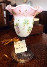 Fenton Hand Painted Pink Opaque Vase Lamp With Brass Base, Signed By Artist, 12.5" Tall