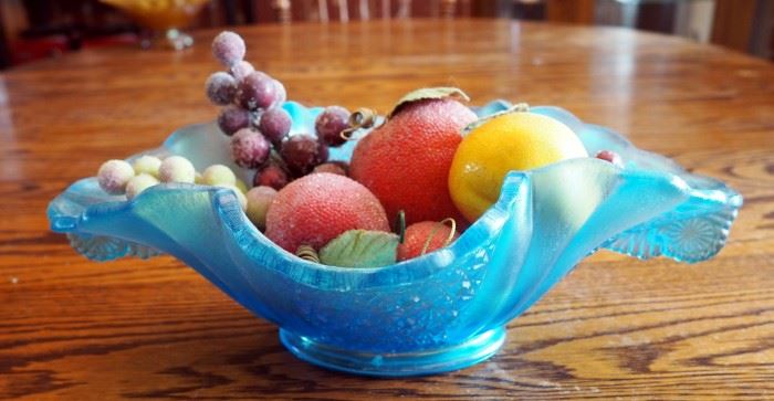 Fenton Blue Iridescent Scalloped 12" Fruit Bowl