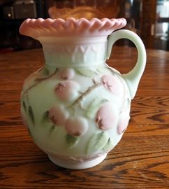 Fenton Lotus Mist Burmese Hand Painted Apple Blossom Pitcher, 9", Signed By Gilbert T.