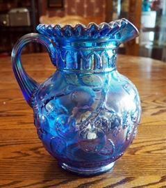 Fenton Blue Iridescent Carnival Glass Pitcher, 9", With Apple Tree Motif