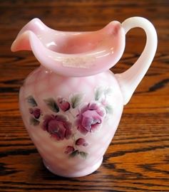 Fenton Limited Edition Roselene Diamond Optic Pitcher, 5.5", With Hand Painted Roses, Signed By Artist