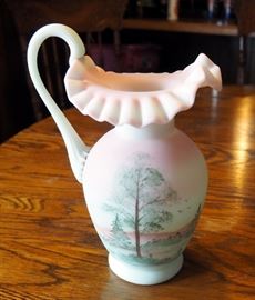 Fenton Lotus Mist Burmese, Crimped Edge Pitcher, Hand Painted, Signed By Artist, 10" Tall