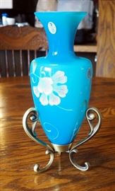 Fenton Land Mark Collection, Blue Amphora Vase With Stand Hand Painted And Signed By Artist #7055/8800