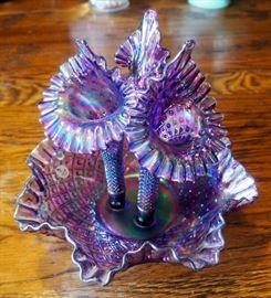 Fenton Purple Carnival Glass, Diamond Lace Crest, Ruffled Edge Epergene With Jack In The Pulpit Vase, 10" Tall