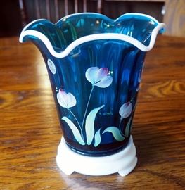 Fenton Heirloom Optics Collection, Blue, Hand Painted Flowered Flip Vase And Base, 8"