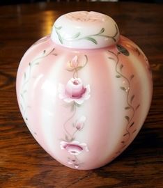 Fenton Gold Treasures Collection, Rosalene Ribbed Optic, Hand Painted Ginger Jar, 8.5", Signed By Artist