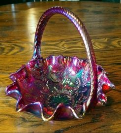 Fenton Red Carnival, Ruffled Edge Glass Basket 8" With Stick And Berry Motif