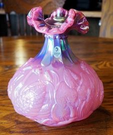 Fenton Pink Opalescent Carnival Glass Vase With Swan, Cattail, Lily Pad Vase, 11"
