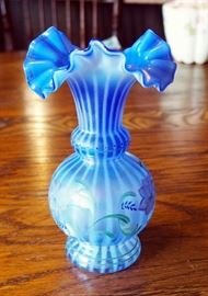 Fenton Glass Messenger Exclusive, Blue Opalescent, Optic Stripe, With Ruffled Edge Vase 8", Hand Painted Signed By Artist, #1775