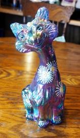Fenton Iridescent, Hand Painted, Smiling Alley Cat, 11", Signed By C. Smith
