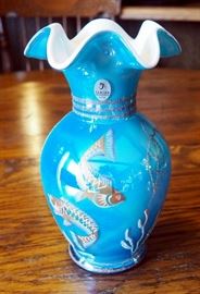 Fenton Designer Show Case Series, Nautical Vase, 8.5", With Hand Painted Fish And Seahorse, Signed By Artist