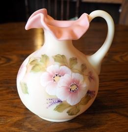 Fenton Burmese, Cannonball Pitcher Honoring Bills 56 Years Of Service, Hand Painted, Signed By Artist, 7"