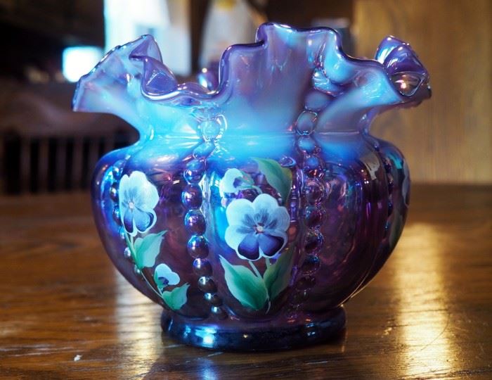 Fenton Purple, Iridized, Opalescent, Beaded Rose Glass Bowl, 5.5" Hand Painted And Signed By Artist