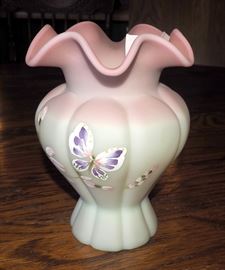 Fenton Lotus Mist, Burmese,"Whispering Wings" Vase, #378/2500, 7" Tall