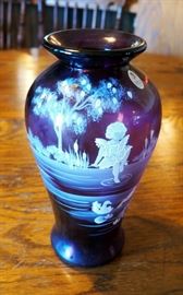 Fenton Purple Hand Painted Mary Gregory Vase, Signed By Artist, 10"