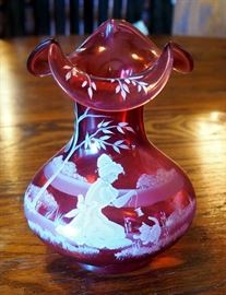 Fenton Cranberry Mary Gregory Vase, Hand Painted, Signed By Artist, #986, 7"