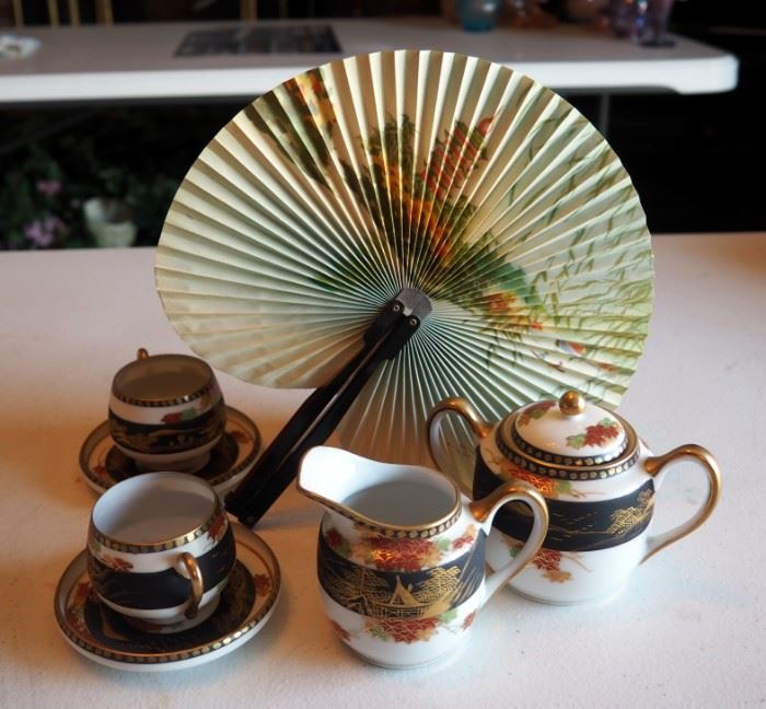 Hand Painted Koshida Japanese China Tea Set To Include Fan, Pitcher, Creamer, Sugar, Cup And Saucers Total Pieces 8