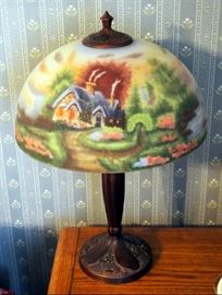 Hand Painted Tiffany Style Table Lamp, Seaside Cottage Theme, 24" Tall