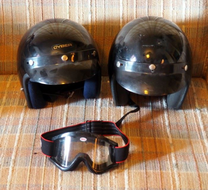 Vintage Cyber Motor Cycle Helmets With Snap On Visors One Medium And One Large With 1 Pair Goggles