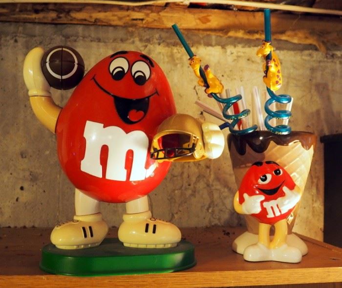M&M Collectibles Including Candy Dispensers, Figurines, Ceramics, Wrist Watch, Hot Rod Cars And Shelf Unit