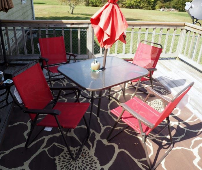 Patio Set Including Glass Top Table 28" x 38" x 32", Folding Chairs Qty. 4 And Matching Umbrella