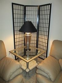SIDE TABLE, LAMP, ROOM DIVIDER SCREEN
