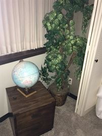 Campaign style chest, lighted globe and artificial tree