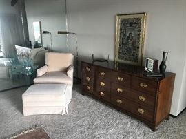 Hickory White chest, Chair with Ottoman, Detailed painting from India, Glass side table