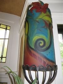 Ulla Darni  ORIGINAL & SIGNED
FLORAL ABSTRACT SCONCES
Reverse Painted Glass
With Hand Forged Ironwork