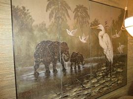 JAPANESE PAINTED FOUR-PANEL SCREEN
ELEPHANTS & CRANE