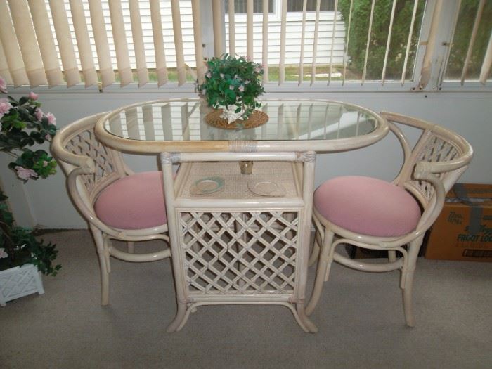 $145.00 rattan cafe table with 2 chairs - measures 39" x 20" x 30"