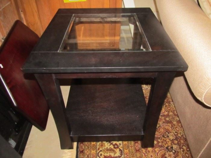 One of a pair of end tables-wood with glass insert