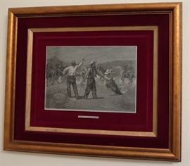 Steel Plate Etching of Frederic Remington's 'Roping In A Horse Corral'.
In 1969 Homer L. Owen was commissioned by Raymond Brown of the Country Store Gallery in Austin, Texas. To do a limited edition of several Frederic Remington earlier pieces. Most of the series were limited to only 20 being made, however one series did have 25 made. This particular piece is numbered 2 of 20. The Remington engraving was reproduced making a positive print using an arc light. Everything else was done by hand. The steel was etched with diluted acid and then touched up with engravers tools. Then it was painted. A charcoal block was used to clean the plate. Finally it was polished and numbered.