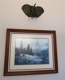 Windberg print; metal sculpted elephant heads, 2 each