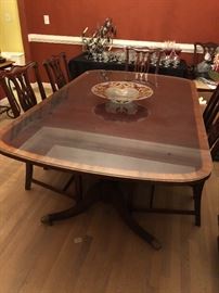 Hickory Chair Dining Table with two 18" leaves.  6 chairs.  Couple seat cushions need to be reupholstered.  