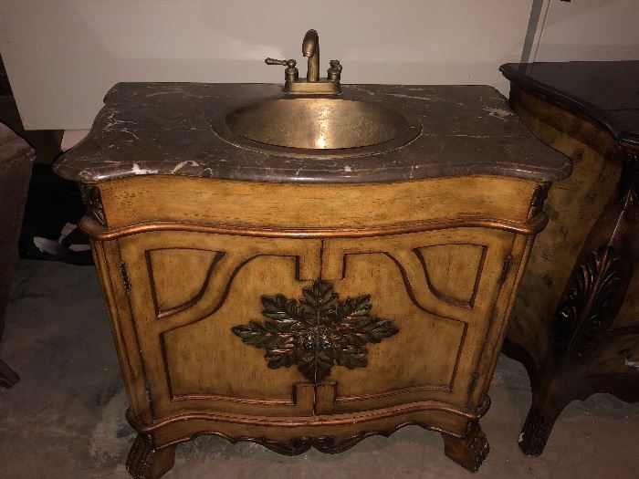 Marble top, brass sink and fixtures Powder Room Vanity