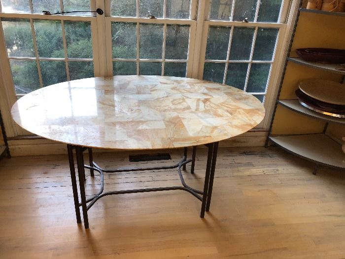 Marble top, thin edge table with iron base