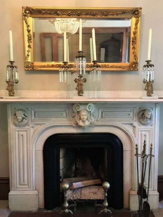 19th c Candle Holder Garniture, Giltwood Antique Mirror, Antique Andirons 